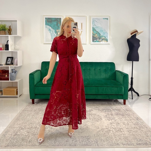 Charlotte Red Crochet Midi Dress - Picture 2 of 6